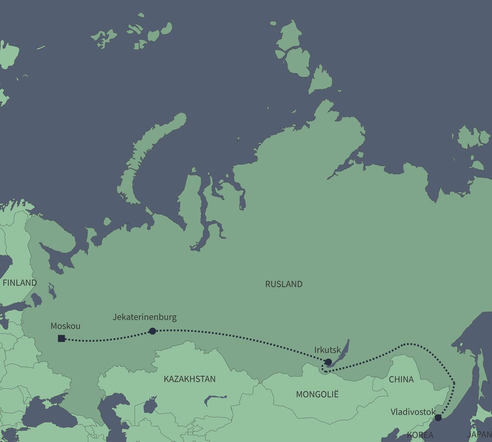 Routekaart van Transsiberië Express naar Vladivostok